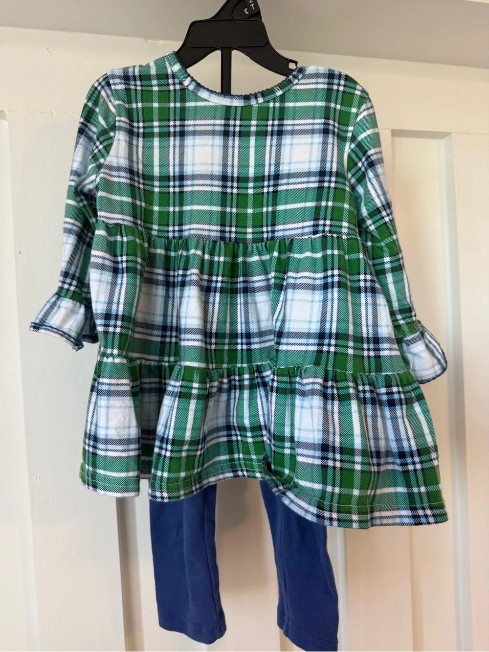Girls Green Plaid Tiered Tunic Set with Navy Leggings